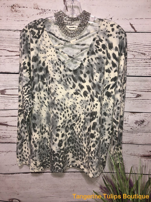 Gray Leopard Criss Cross Tops